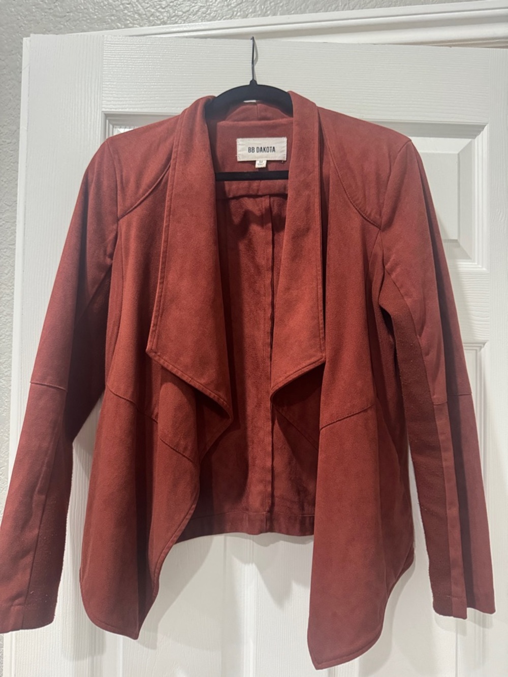 BB Dakota Rust-Red Draped Open Front Jacket